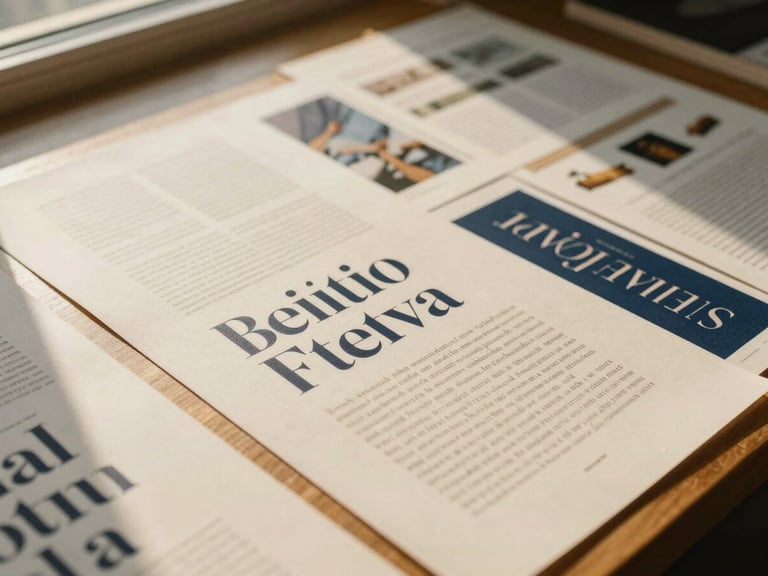 Designer reviewing print proofs and editorial layouts, warm golden-hour daylight, focus on typographic discipline.