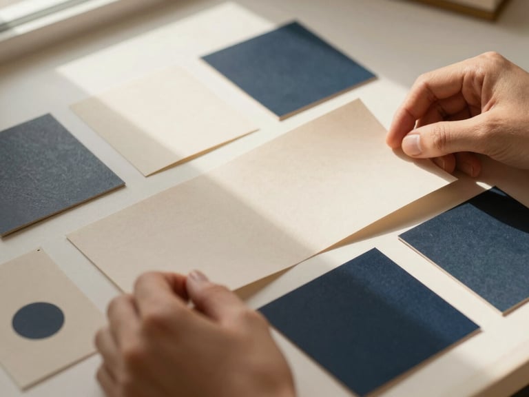 Close-up of hands thoughtfully arranging physical mood board elements, showcasing tactile paper textures and warm side-lighting, editorial framing.
