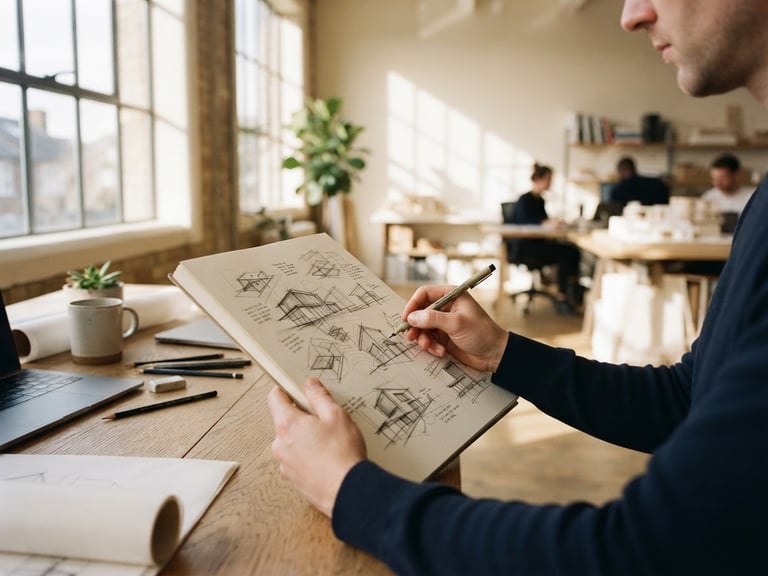 Wide panoramic view of a sun-drenched minimalist design studio, hands sketching on a large notebook with tactile paper, soft window shadows, shallow depth of field, off-center composition.