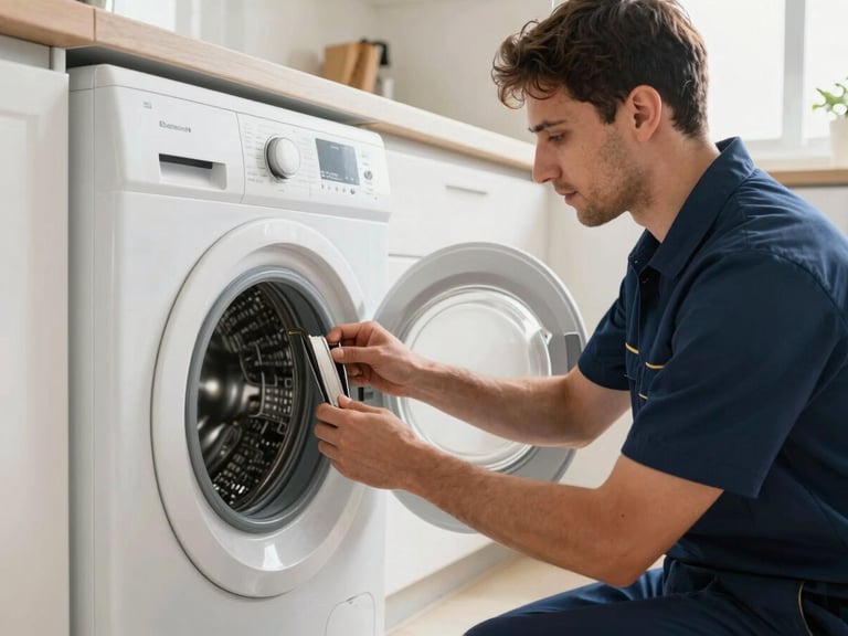 Medium shot of a professional technician in a clean navy uniform inspecting the drum belt of a modern washing machine in a bright Abu Dhabi kitchen, natural morning light.