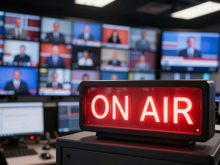 A professional TV news studio control room with multiple screens showing live dispatches, glowing red ON AIR sign, sharp focus, realistic saturated tones.