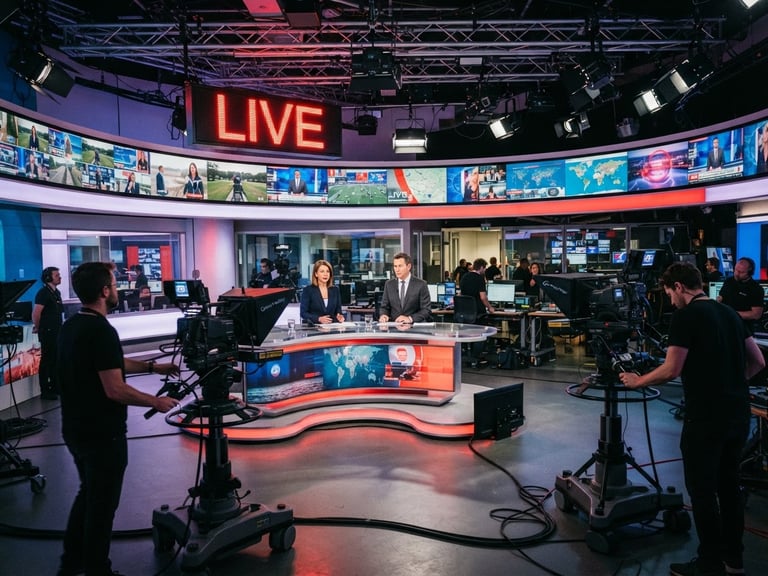Wide-angle shot of a state-of-the-art news broadcast studio with a glowing red LIVE sign, multiple high-definition screens displaying field reports, professional studio cameras on dollies, cool ambient lighting with red accents.
