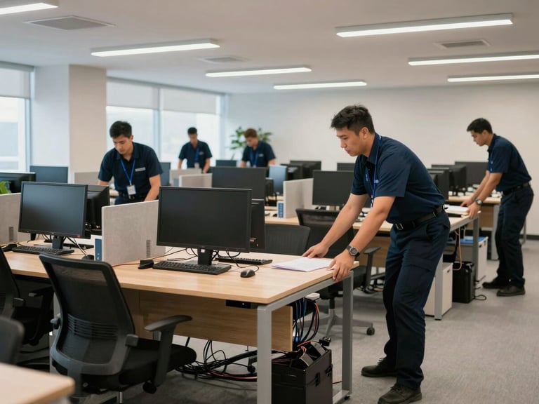 Wide shot of uniformed moving crew carefully positioning rows of office desks and monitor stands inside a bright commercial office floor, overhead fluorescent light, cable management visible, crew mid-task in background