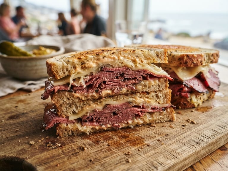 Bright editorial food photography, close-up of a layered pastrami sandwich cut in half on a wooden board, natural coastal daylight, shallow depth of field, 35mm