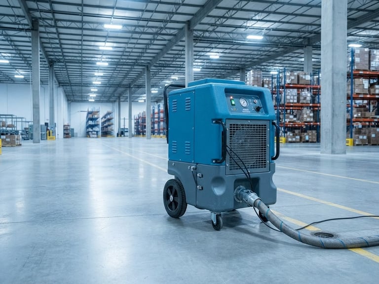 Crisp commercial photography of a large-scale industrial dehumidifier operating in a wide, clean concrete warehouse, cool blue and slate tones, sharp focus, bright utility lighting