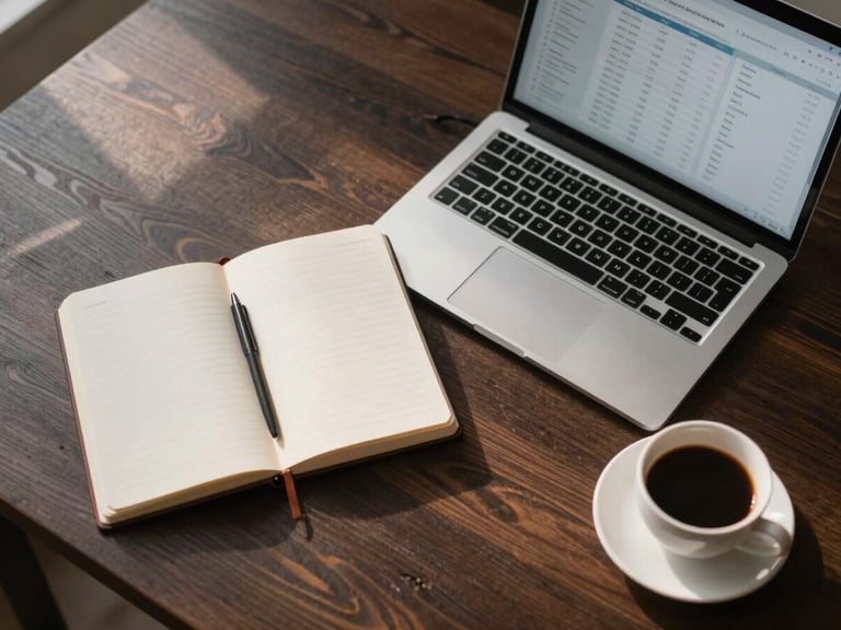 Overhead flat-lay of a minimalist, organized dark wooden desk with a notebook, a modern laptop showing clean financial spreadsheets, and a cup of black coffee in soft morning sunlight.