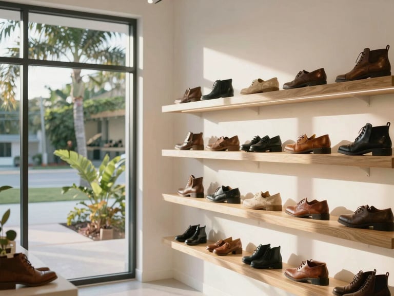 Bright, sun-drenched modern design studio with white walls, large windows showing Florida greenery, leather shoe samples arranged neatly on oak shelves, 35mm.