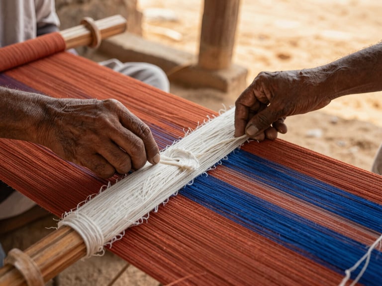 Close-up of weathered hands working on a traditional Kutchi handloom, rich terracotta and indigo wool threads, soft side lighting in a rustic workshop.