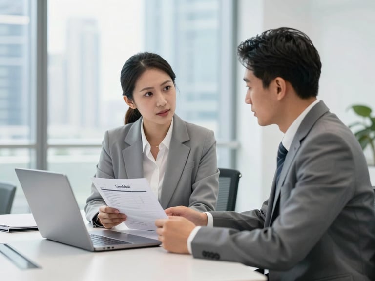 Professional interaction in a bright Dubai office, a client and a Land Mark representative discussing forms with a laptop, clean and organized.