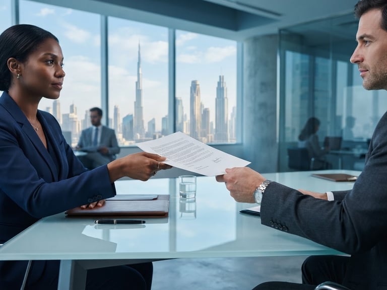 Professional business interaction in a modern, bright Dubai office, hands exchanging official documents, cool blue and grey tones, sharp focus.