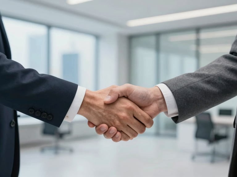 Subtle image of a handshake over a legal document, modern Dubai office setting, focus on trust and partnership.
