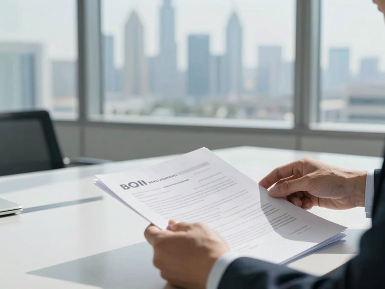 Close-up of hands reviewing official business documents on a modern desk, Dubai skyline in soft focus through a window, bright office light.