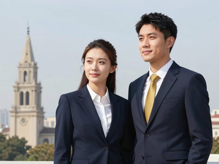 Clean professional photography of a couple enjoying a scenic European landmark, bright natural daylight, corporate navy and gold accents, sharp focus, editorial style.