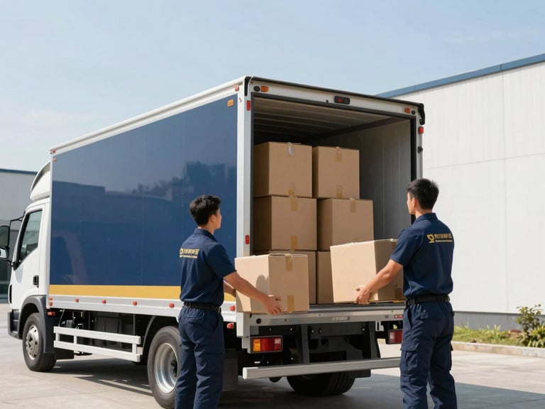 Professional movers loading boxes into a branded truck, clean and organized, bright natural daylight, corporate navy and gold accents, sharp focus, editorial style.