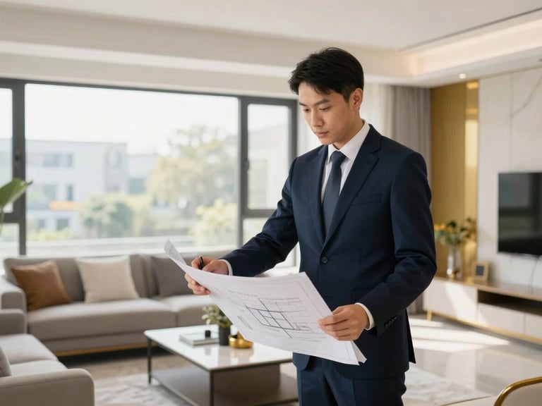 Interior designer discussing blueprints with a client in a newly constructed modern living room, bright natural daylight, corporate navy and gold accents, sharp focus, editorial style.