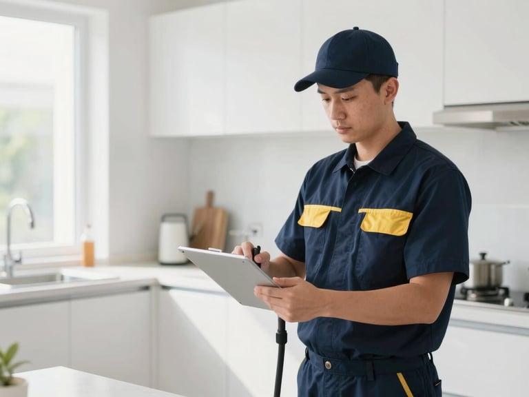 Technician in uniform performing a pest control service in a clean modern kitchen, bright natural daylight, corporate navy and gold accents, sharp focus, editorial style.