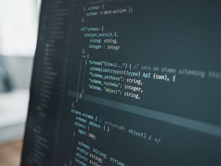 Macro shot of a clean code terminal in cool natural daylight, desaturated slate and teal tones, sharp focus on a structured API schema.