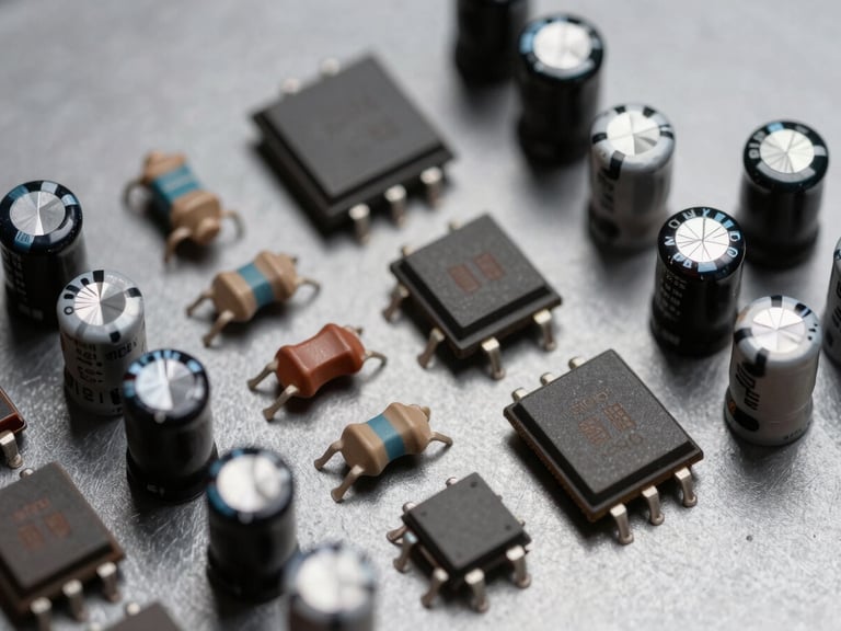 Extreme close-up overhead flat-lay of precision micro-electronic components — resistors, capacitors, and IC chips arranged in neat rows on a matte steel-gray surface under studio side-lighting, sharp focus on component markings, no hands visible