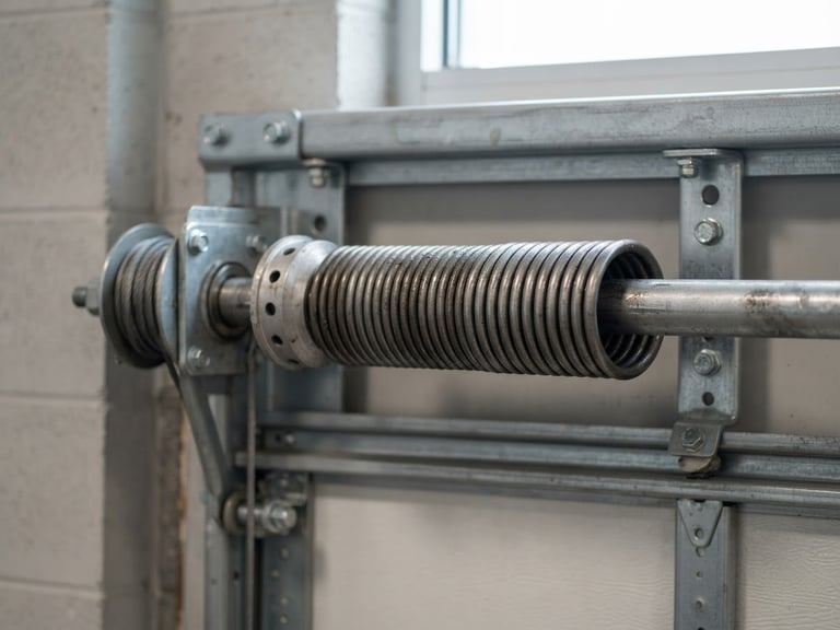 Close-up of a heavy-duty steel garage door torsion spring, bright natural daylight, sharp focus, clean industrial tones, 35mm lens