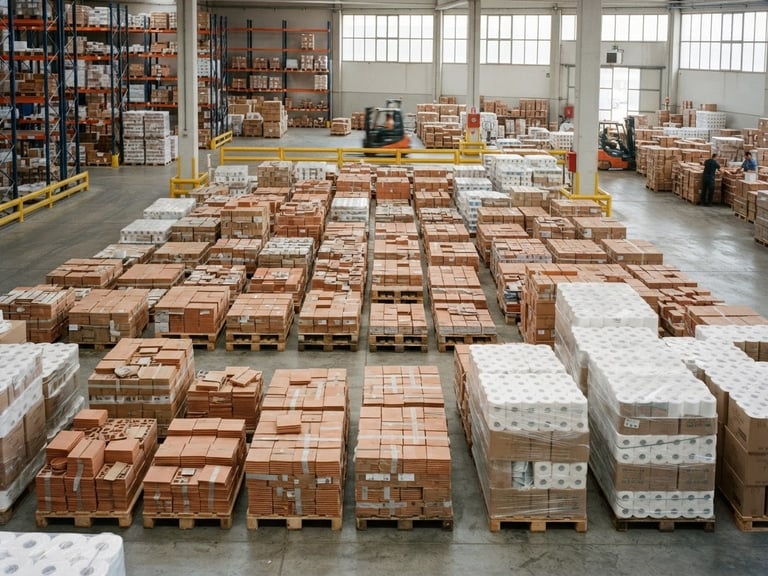 Wide panoramic industrial editorial photography, organized warehouse pallets of packaged ceramics and tissue rolls ready for export, bright natural warehouse light, 35mm