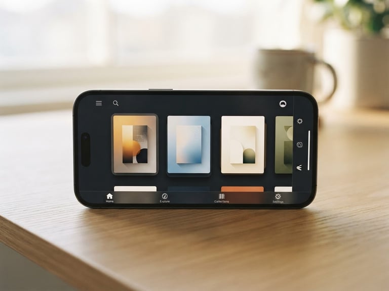 A clean minimalist close-up of a high-fidelity mobile application interface on a smartphone, resting on a light wood desk, soft warm daylight, 35mm photography