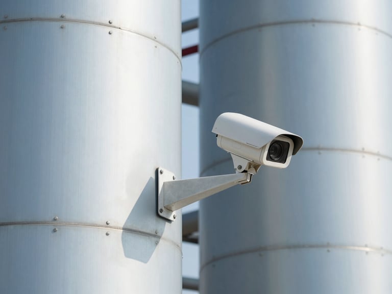 High-resolution CCTV camera mounted on an industrial facility wall, sharp focus, bright daylight, cool blue and metallic tones.