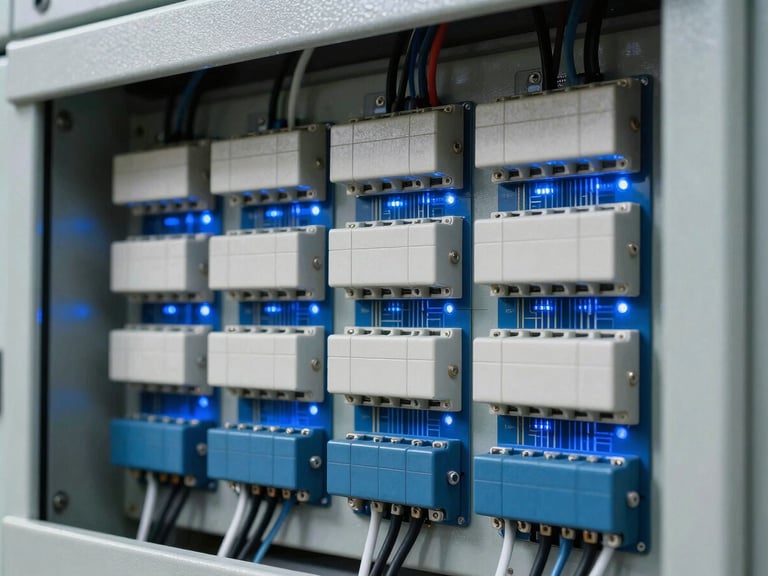 Close-up of a neatly wired industrial control panel with circuit boards, cool blue lighting, sharp focus, technical details.