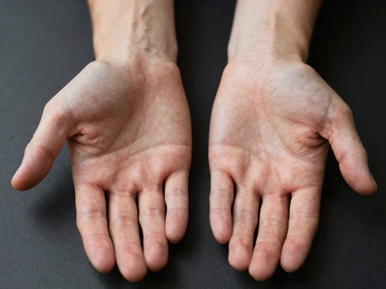 Two open palms placed side by side palm-up on a matte black surface, left hand and right hand in direct comparison, macro framing showing line differences between the two, clinical overhead window light, dark background, no props, skin tones consistent