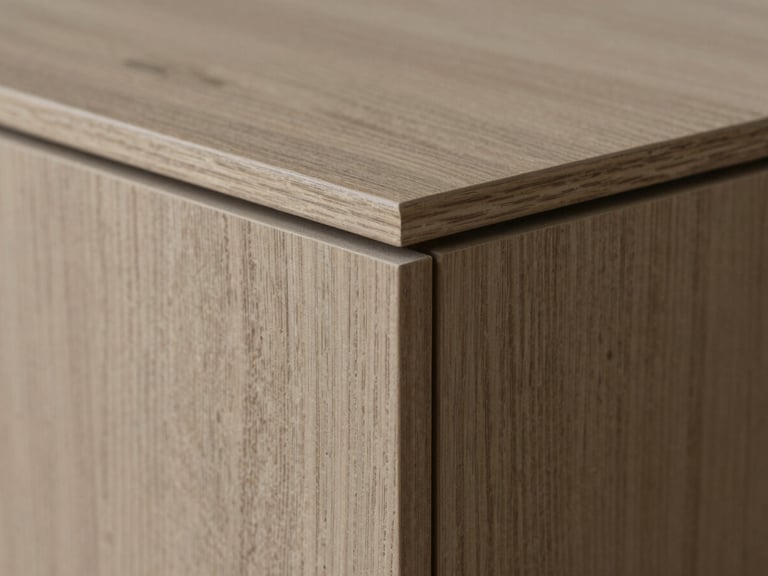 Extreme close-up macro shot of a perfectly flush edge-banded oak veneer panel, soft natural workshop side-light highlighting the seamless joint, architectural precision