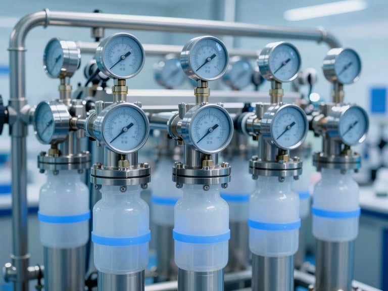 Industrial reverse osmosis filtration system with stainless steel pipes and digital pressure gauges, crisp sterile blue lighting.