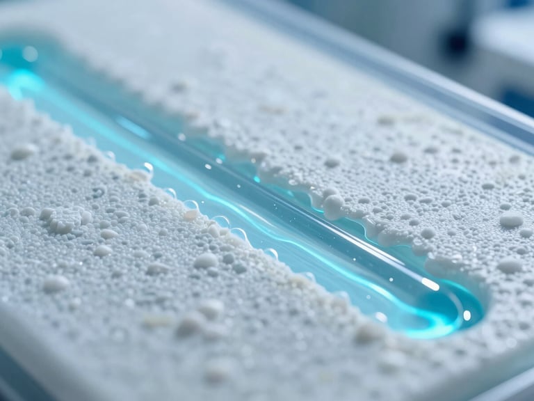 Macro photograph of pure water passing through a microscopic synthetic membrane, neon cyan illumination highlighting the separation of pure fluid from mineral residue, high-tech industrial aesthetic.