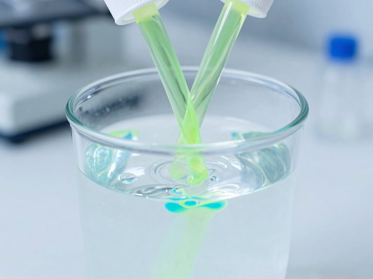 Close-up of a premium fluorescent coolant additive being poured into a pristine, clear reservoir of pure water, creating vibrant neon green and cyan fluid dynamics, sterile laboratory lighting.
