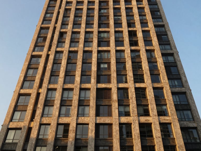 Wide-angle warm architectural photography of a modern high-rise facade in Noida, golden-hour sunlight hitting concrete and glass, sharp focus, professional editorial style.