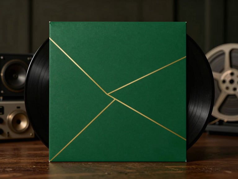A clean vinyl record mockup with minimalist gold geometric patterns on a deep forest green sleeve, moody studio lighting