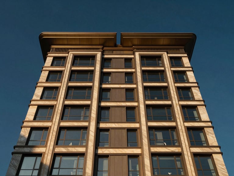 Symmetrical architectural shot of a modern luxury estate facade with sharp lines, warm golden-hour light reflecting on glass and marble, deep navy sky background.