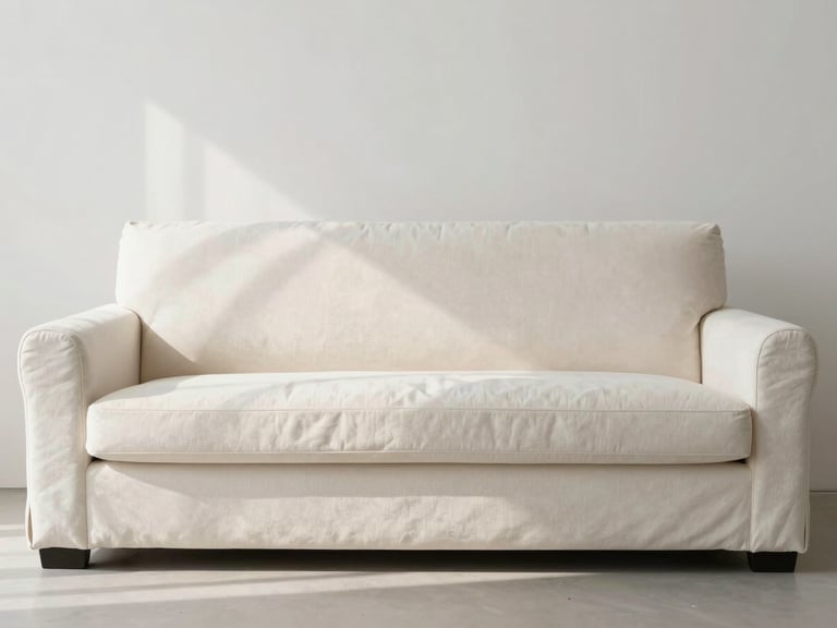 Frontal symmetric view of a minimalist living room with a perfectly clean off-white designer sofa, bathed in soft morning light