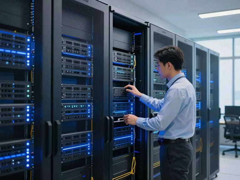 Server room with rows of blinking lights, IT professional checking equipment, clean and modern infrastructure, cool blue lighting.