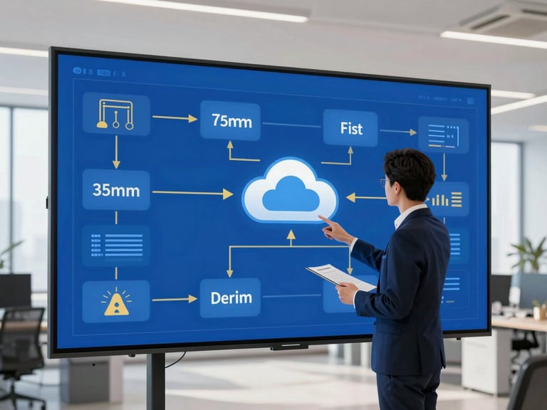 Digital workflow diagram on a large screen in a modern office, IT professional reviewing data, cloud icons, bright office lighting.