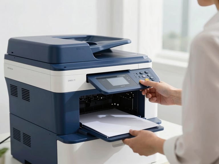 Sleek enterprise multifunction printer in a modern office environment, professional interacting with it, bright natural daylight, royal blue accents.