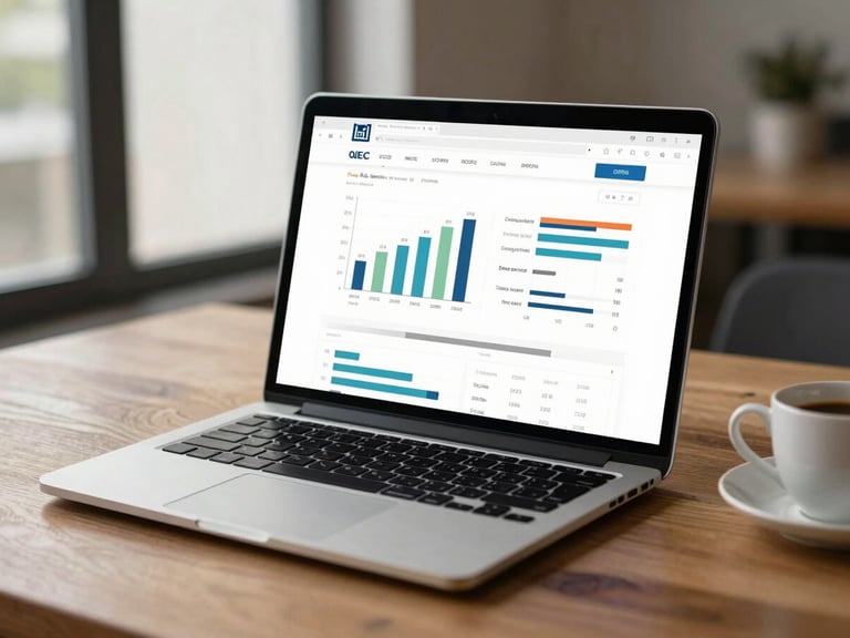 Laptop open on a clean wooden desk showing a website dashboard with analytics graphs, daylight from the left, shallow focus on the screen, coffee cup blurred in the far right corner