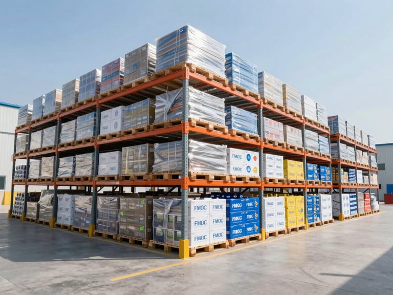 Wide-angle environmental shot of a modern high-bay warehouse with organized pallet racks of bulk FMCG goods under bright natural daylight.