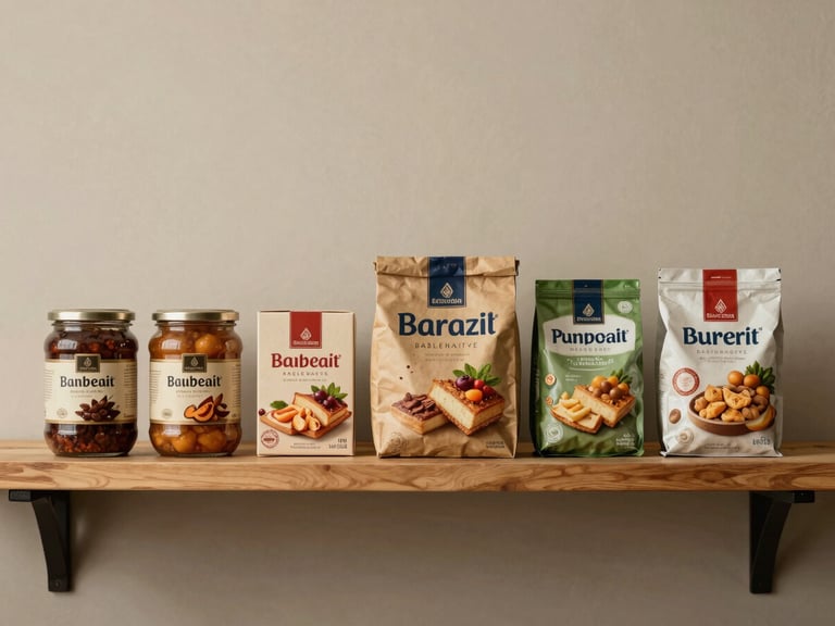 Wide shelf view of six different branded food packages in a row — jars, boxes, and pouches — photographed straight-on under studio even-lighting, warm neutral background, no human presence, tight environmental framing