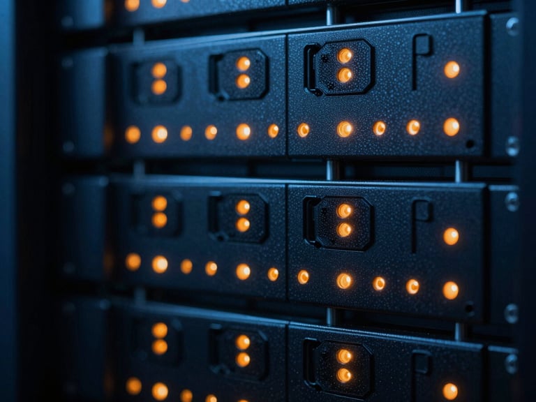 Abstract macro shot of server hardware with cool blue and sharp orange indicator lights, structured geometric lines, low-key moody lighting