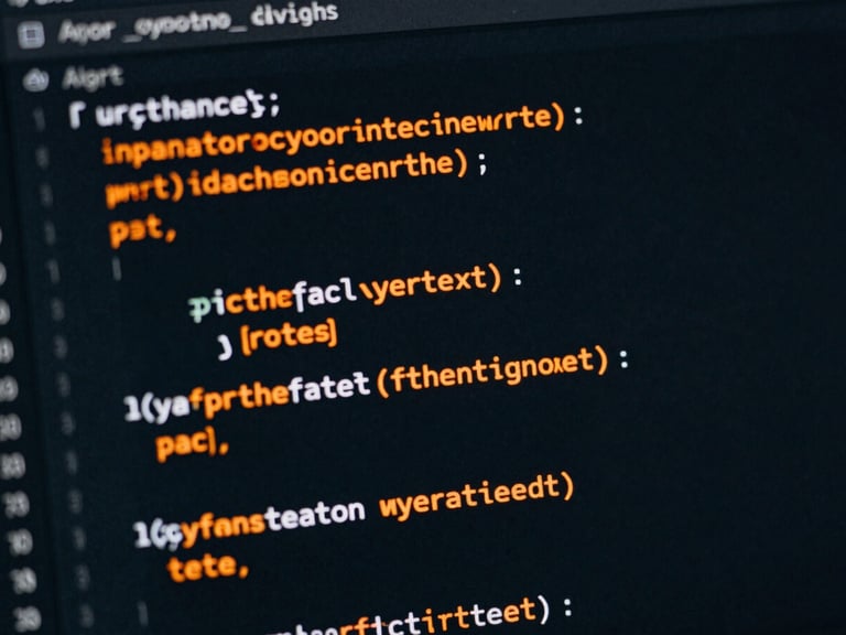Close-up of clean code editor displaying Python and Django syntax on a dark screen, neon orange accents, high contrast, macro depth of field
