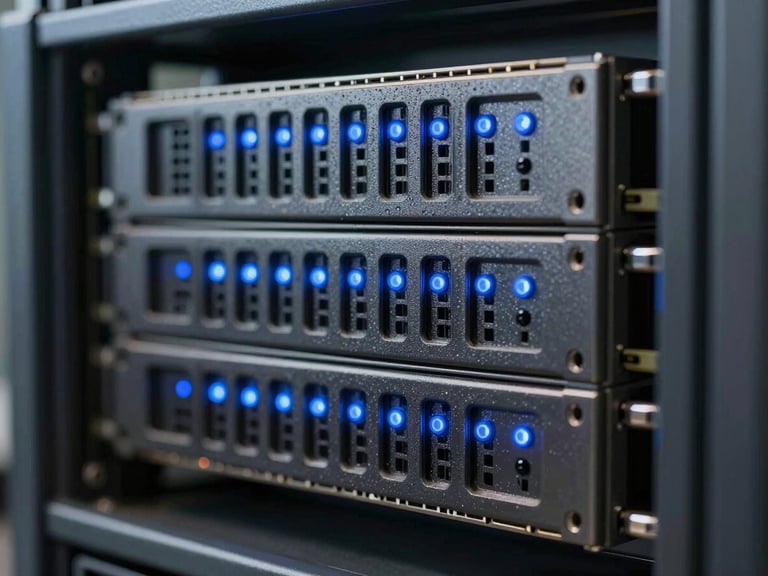 Macro shot of industrial server rack wiring, clean blue indicator lights, stark metallic textures, clinical atmosphere.