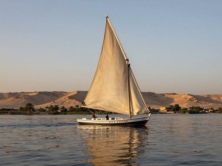 Low-angle golden hour shot of a traditional wooden felucca sailing on the calm Nile river, soft warm light reflecting off the water, empty desert hills in the background.