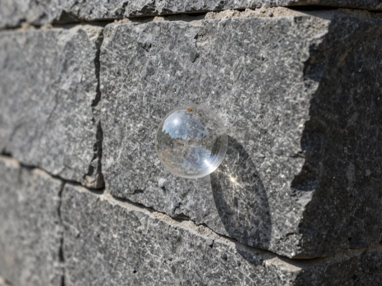 Extreme close-up of a level bubble perfectly centered on a massive slate-gray retaining wall block, showing tight stone joints and precise alignment under hard daylight.