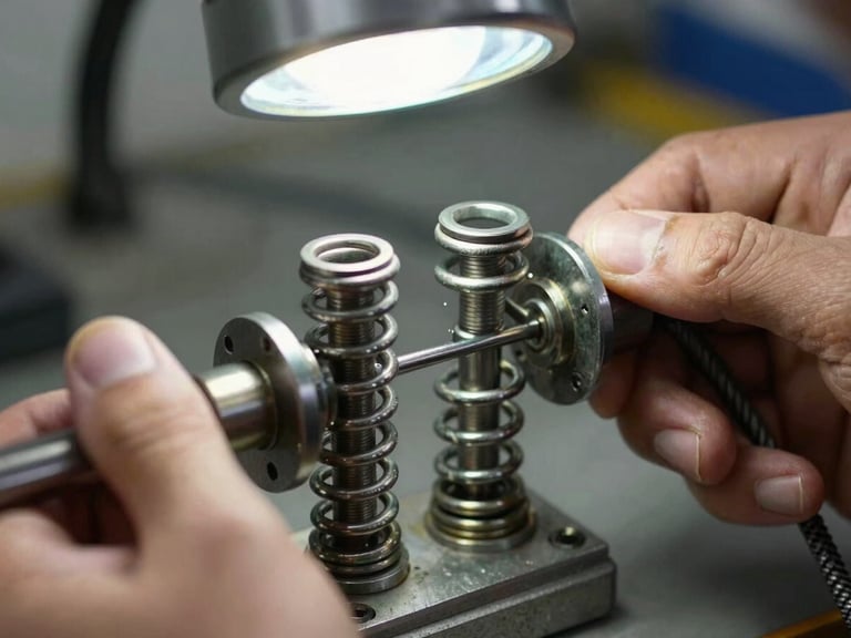 Macro close-up of heavy-gauge steel torsion springs and tension cables being calibrated by a technician's hands under sharp work-light, industrial workshop setting.