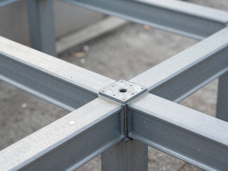 Macro crop of steel structural joints and raw concrete elements, geometric precision, overcast daylight