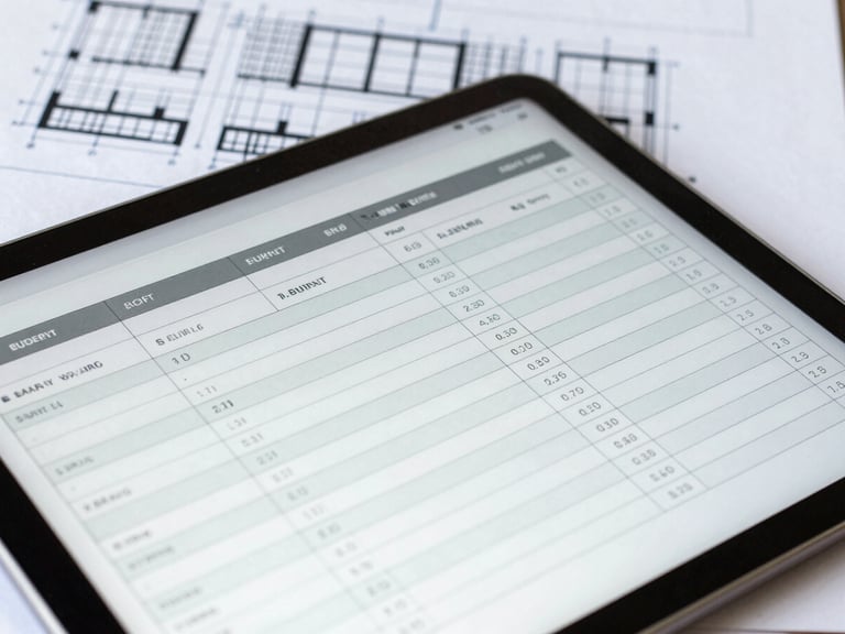 Close-up of a construction budget spreadsheet on a tablet, with architectural drawings in the background, cool tones.